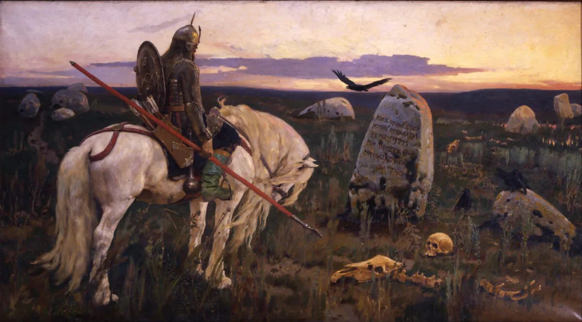 “Knight at the Crossroads,” 1882, by Viktor Vasnetsov. Oil on Canvas, 65.7 inches by 117.7 inches. Russian Museum. (Public Domain)