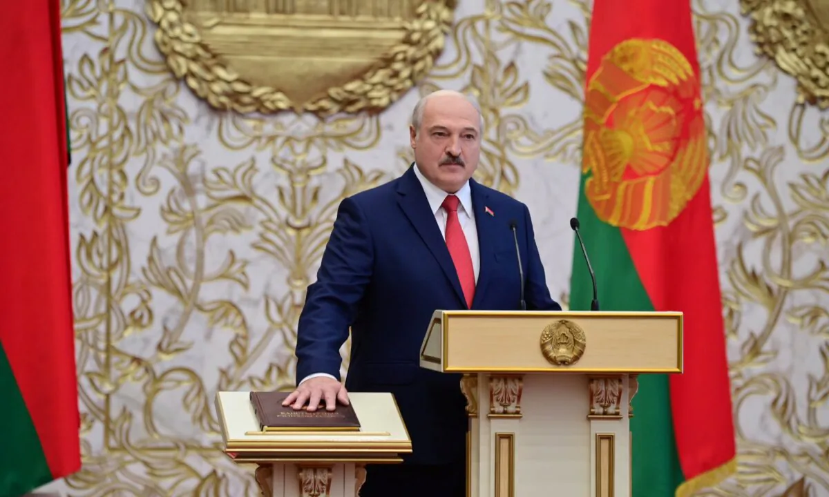 Alexander Lukashenko takes the oath of office as Belarusian President during a swearing-in ceremony in Minsk, on Sept. 23, 2020. (Andrei Stasevich/BelTA/Handout via Reuters)