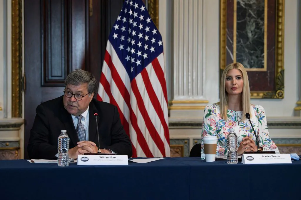 Ivanka Trump listens to Attorney General Bill Barr during a meeting on human trafficking at the Eisenhower Executive Office Building in Washington on Aug. 4, 2020. (Nicholas Kamm/AFP via Getty Images)