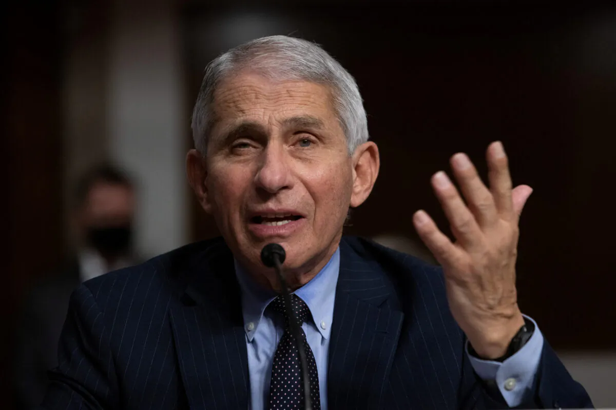 Dr. Anthony Fauci, head of the National Institute of Allergy and Infectious Diseases, speaks during a Senate Senate Health, Education, Labor, and Pensions Committee hearing in Washington on Sept. 23, 2020. (Graeme Jennings/Pool via Reuters)
