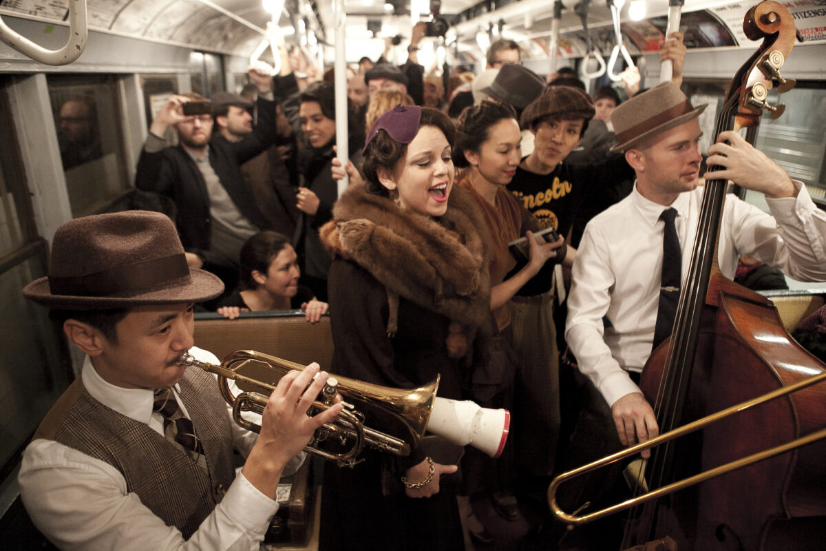 Passengers don period clothing on vintage subway cars in New York City on Dec. 8, 2013. (Samira Bouaou/Epoch Times)