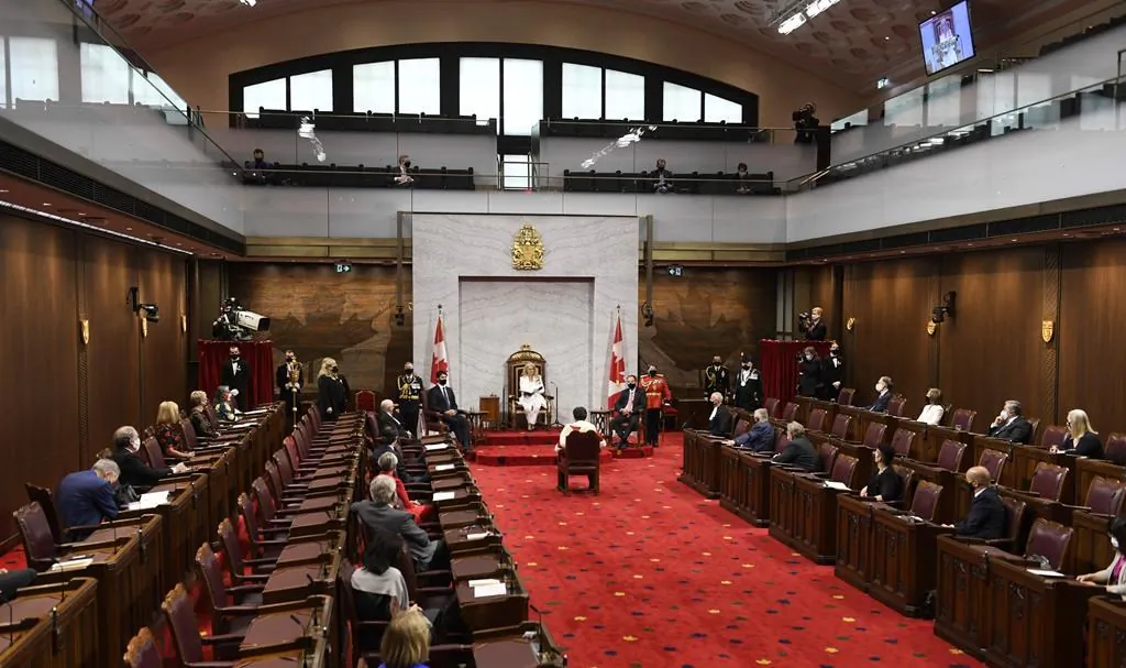 Gov. Gen. Julie Payette delivers the throne speech in the Senate chamber in Ottawa, on Sept. 23, 2020. (The Canadian Press/Adrian Wyld)