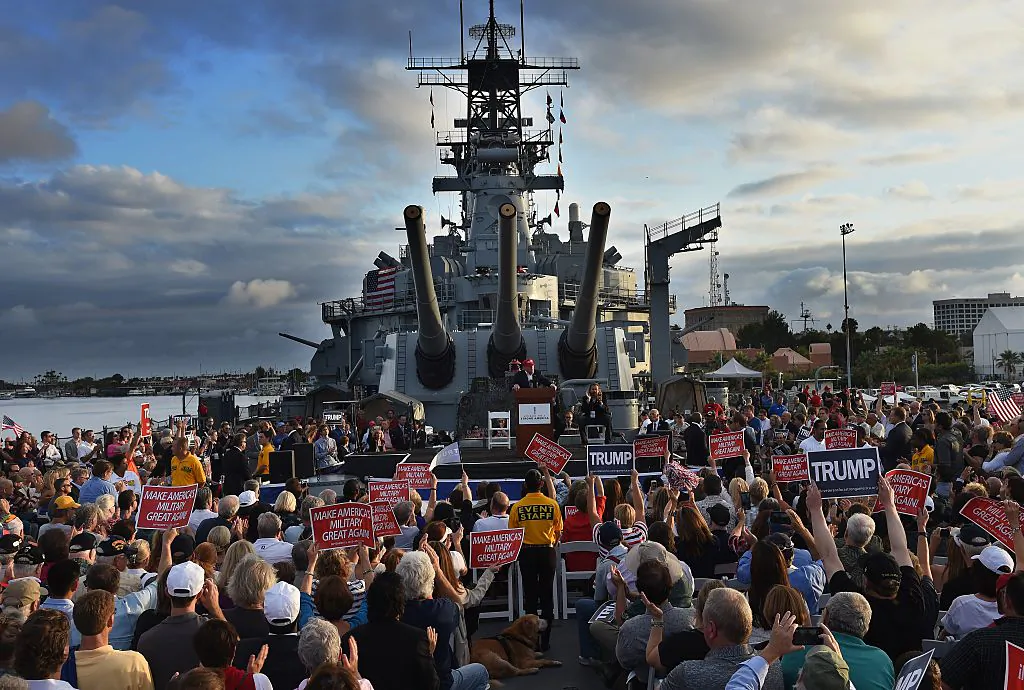 Republican presidential candidate Donald Trump gives a speech aboard the World War II Battleship USS Iowa in San Pedro, Calif., on Sept. 15, 2015. (Robyn Beck/AFP via Getty Images)