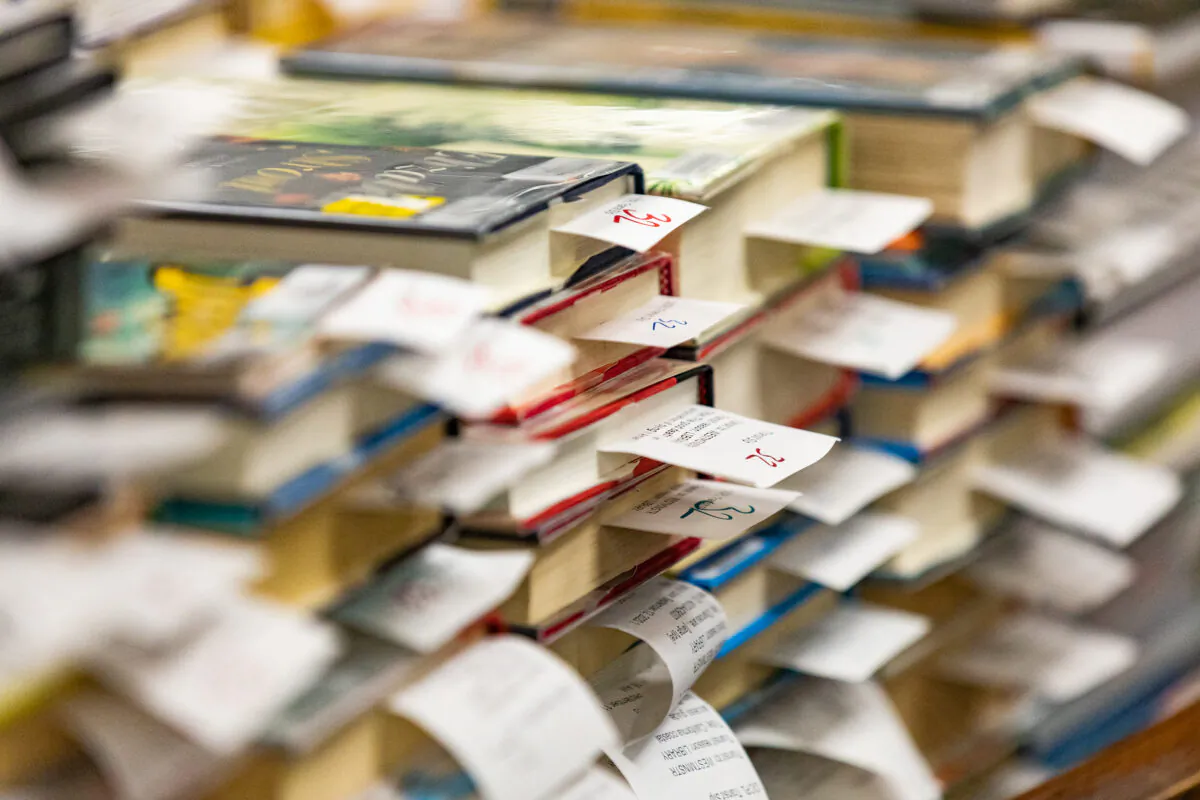 Library books that have been pre-ordered await pick-up at the Westminster Library in Westminster, Calif., on Sept. 22, 2020. (John Fredricks/The Epoch Times)
