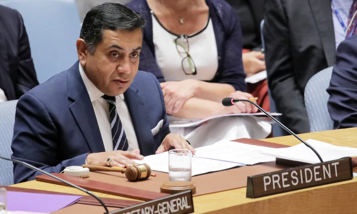 Tariq Mahmood Ahmad, Minister of State for the Commonwealth and United Nations at the Foreign and Commonwealth Office addresses the United Nations Security Council at the United Nations Headquarters in New York City, on Aug. 29, 2018. (Andrew Kelly/Reuters)