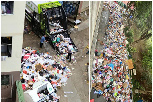 Trash piling up outside dormitories at Guangzhou Institute of Technology  in China. (Supplied)