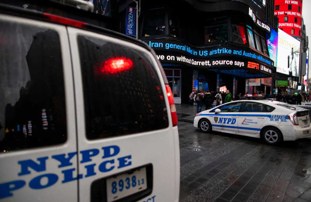 NYPD patrols stand guard at Times Square in New York on Jan. 3, 2020. (Eduardo Munoz Alvarez/Getty Images)