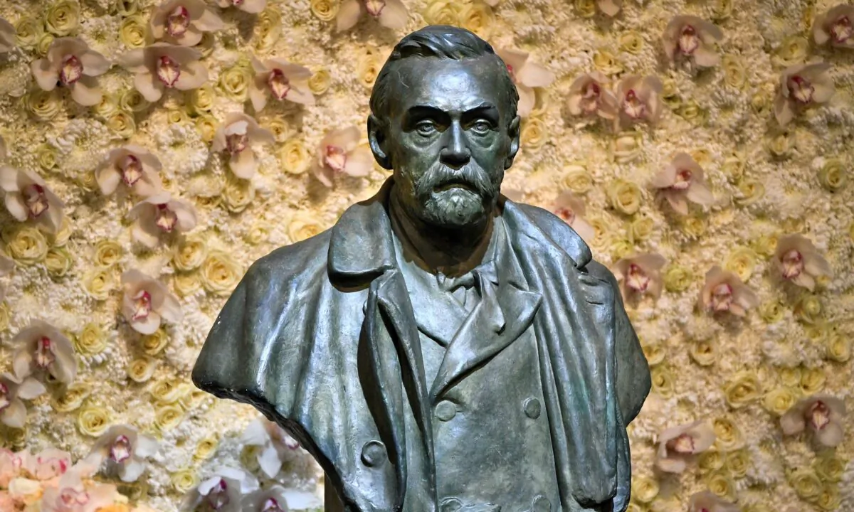 A bronze bust of Alfred Nobel is pictured before the Nobel Prize ceremony at Stockholm Concert Hall, in Stockholm, Sweden, on Dec 10, 2019. (Claudio Bresciani/TT News Agency via Reuters)