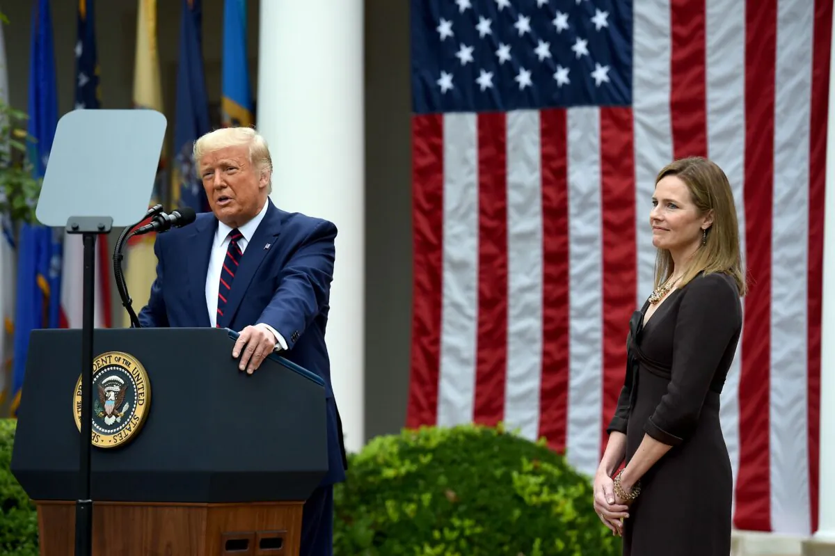 President Donald Trump announces his U.S. Supreme Court nominee, Judge Amy Coney Barrett (R), in the Rose Garden of the White House in Washington, on Sept. 26, 2020. (Olivier Douliery/AFP via Getty Images)