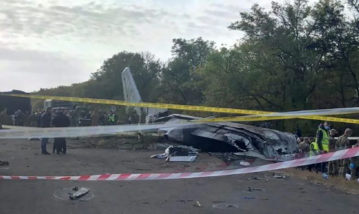 A view of the debris and remains of the An-26 military plane which crashed on Friday night in the town of Chuguyiv close to Kharkiv, Ukraine, on Sept. 26, 2020. (Emergency Situation Ministry via AP)