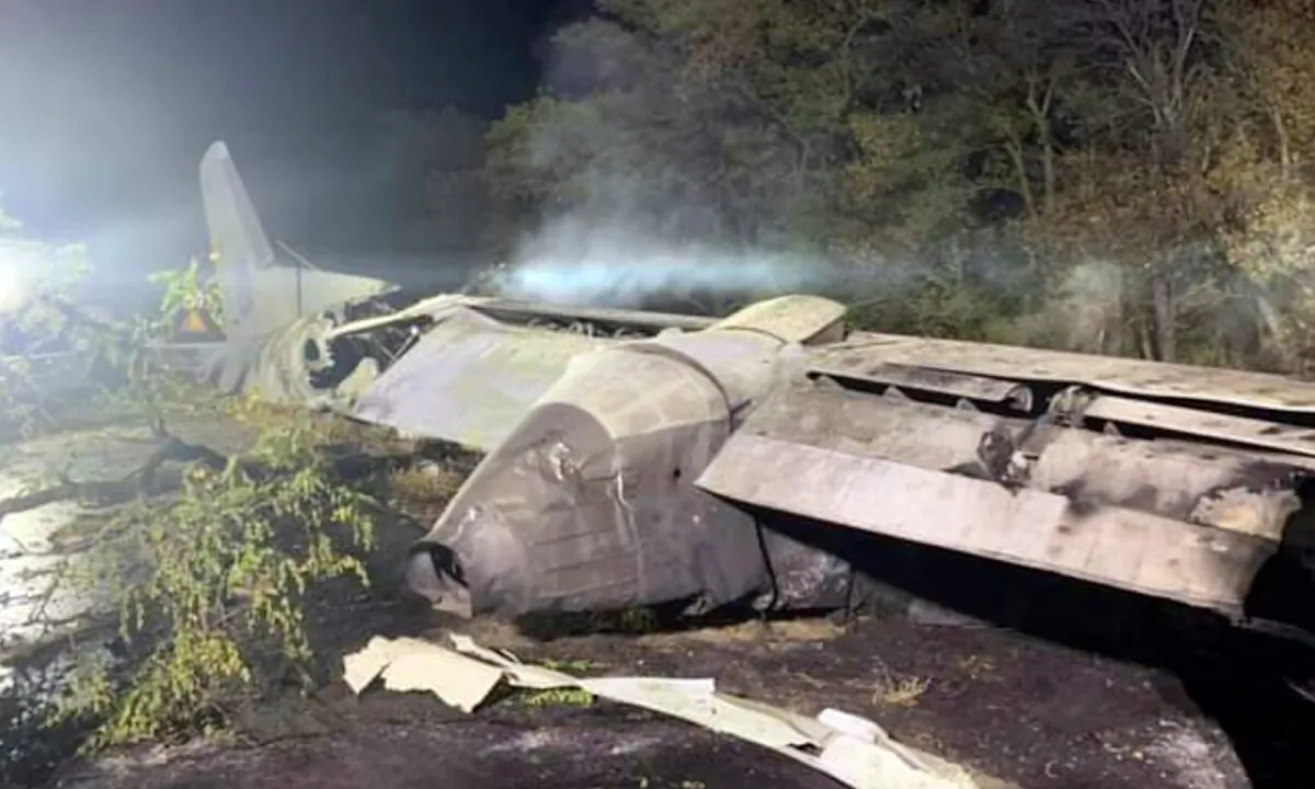 Wreckage of an AN-26 military plane seen after it crashed in the town of Chuguyiv close to Kharkiv, Ukraine, on Sept. 25, 2020. (Kharkiv Regional State Administration via AP)