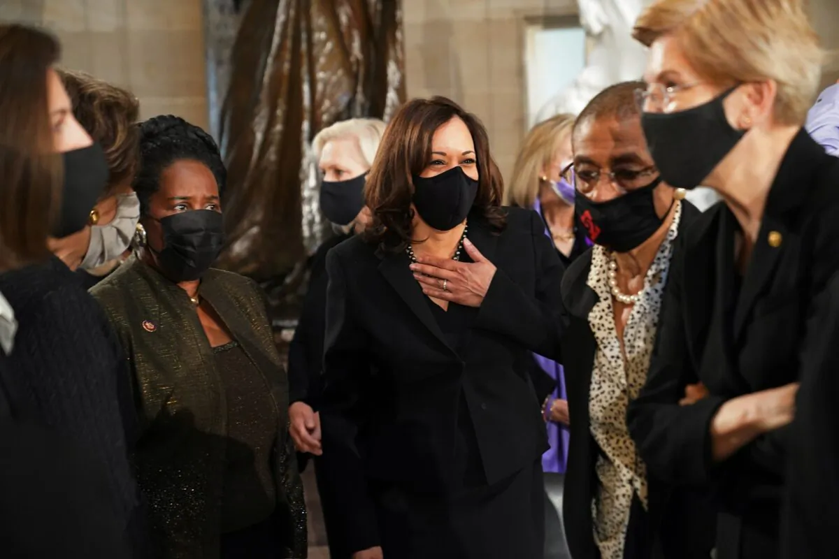 Sen. Kamala Harris (D-Calif.) arrives for a ceremony before Justice Ruth Bader Ginsburg lies in state in Statuary Hall of the U.S. Capitol in Washington, Sept. 25, 2020. (Erin Schaff/Pool via Reuters)