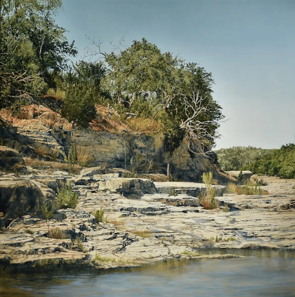 A detail from “Stepped Rocks With Water,” 1984, by Nancy Conrad. A scene of the Pedernales River near Johnson City, Texas. Oil on Canvas, 66 inches by 66 inches. (Courtesy of Wayne Barnes)