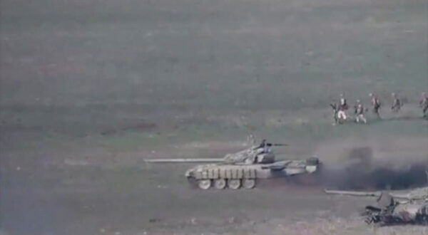 A still image shows what is said to be Azerbaijani tanks in Nagorno-Karabakh