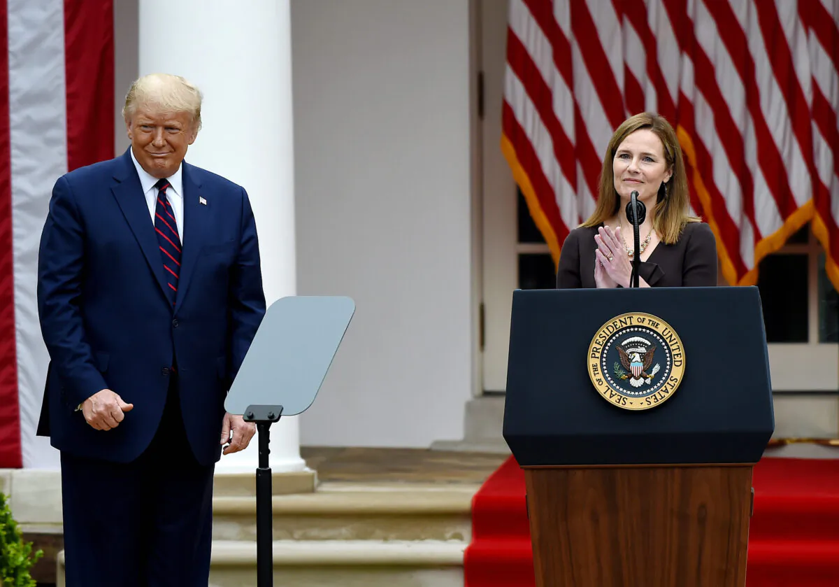 Judge Amy Coney Barrett speaks after being nominated to the U.S. Supreme Court by President Donald Trump in the Rose Garden of the White House on Sept. 26, 2020. (Olivier Douliery/AFP via Getty Images)