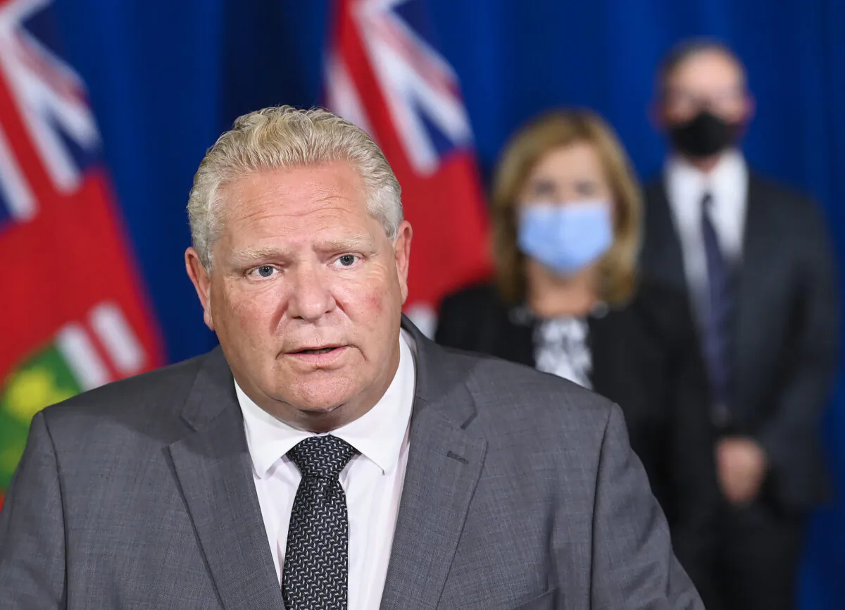Ontario Premier Doug Ford answers media questions at Queen's Park during the COVID-19 pandemic in Toronto on Sept. 28, 2020. (Nathan Denette/The Canadian Press)