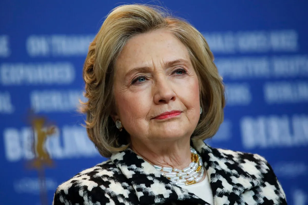 Former Secretary of State Hillary Clinton speaks at a press conference in Berlin, Germany, on Feb. 25, 2020. (David Gannon/AFP/Getty Images)