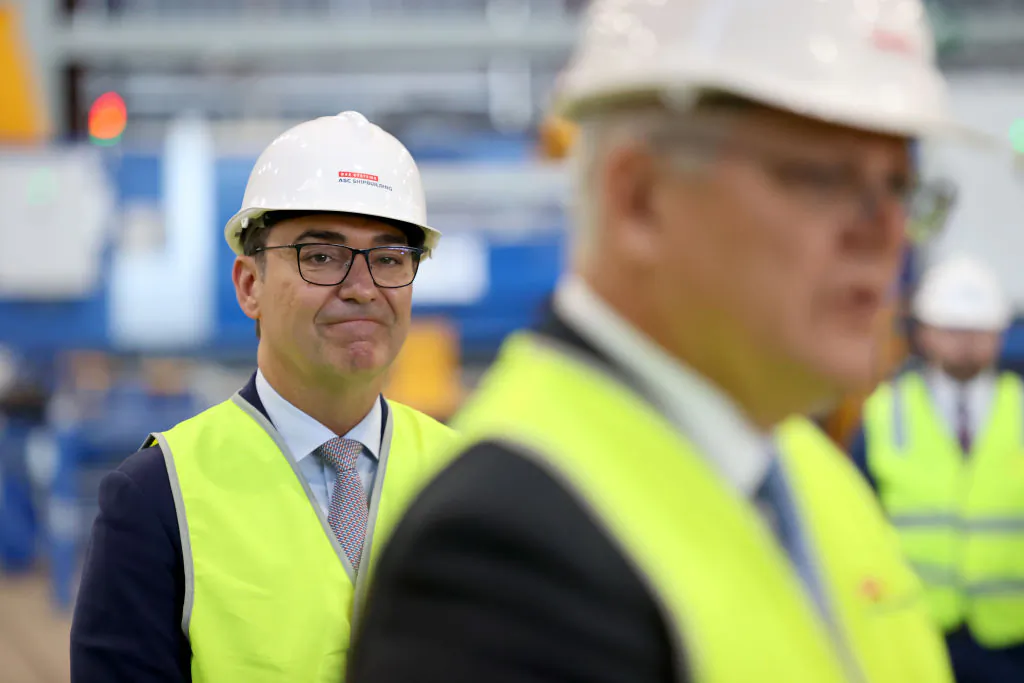South Australian Premier Steven Marshall stands behind Australian Prime Minister Scott Morrison speaks to the media during a visit to the Osborne Naval Shipyard  on September 26, 2020 in Adelaide, Australia. (Kelly Barnes/Getty Images)