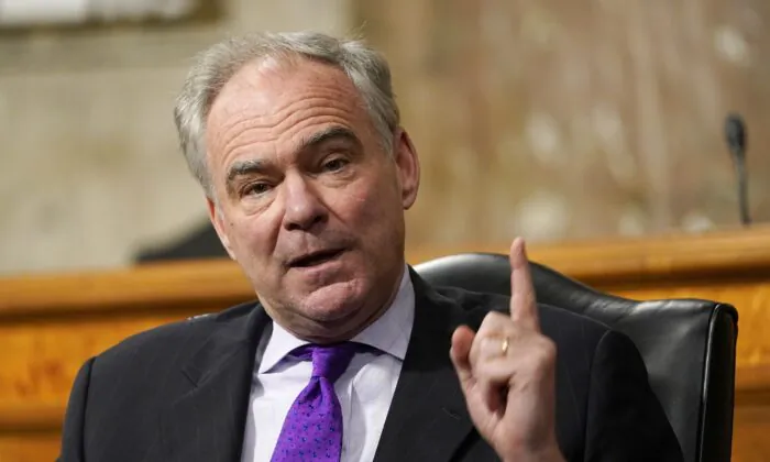 Sen. Tim Kaine (D-Va.) speaks during a hearing on Capitol Hill in Washington on Sept. 24, 2020. (Susan Walsh/Pool/Getty Images)