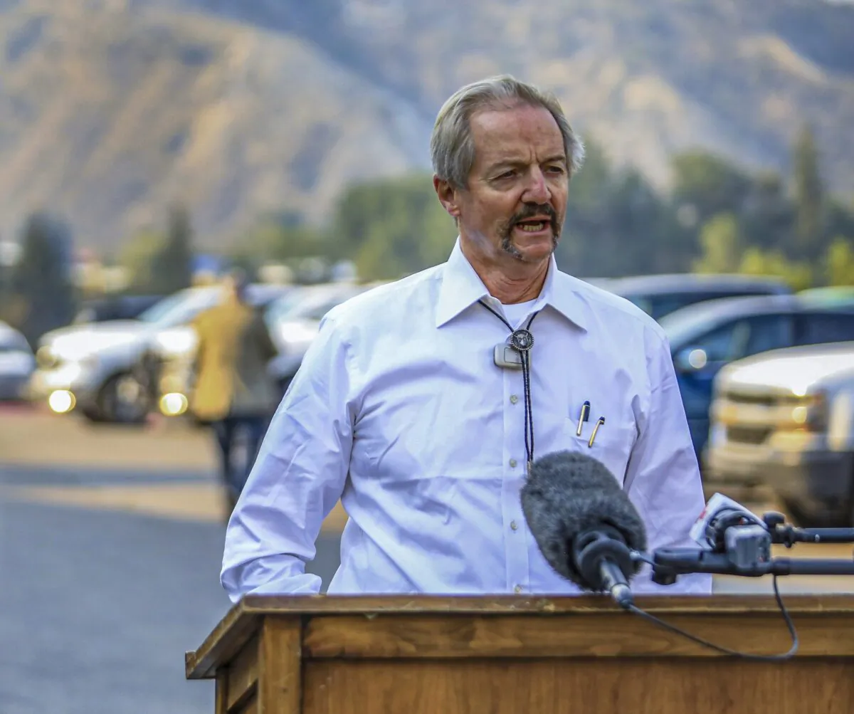 William Perry Pendley, acting director of the Bureau of Land Management, speaks to the media on the Grizzly Creek Fire in Eagle, Colo., on Aug. 14, 2020. (Chris Dillmann/Vail Daily via AP)