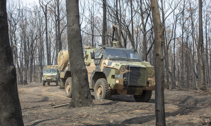 An Australian Army bushmaster assists in conducting a route clearance in the Cobargo, NSW region in support of Operation Bushfire Assist 19-20. (SGT Bill Solomou/ADF)