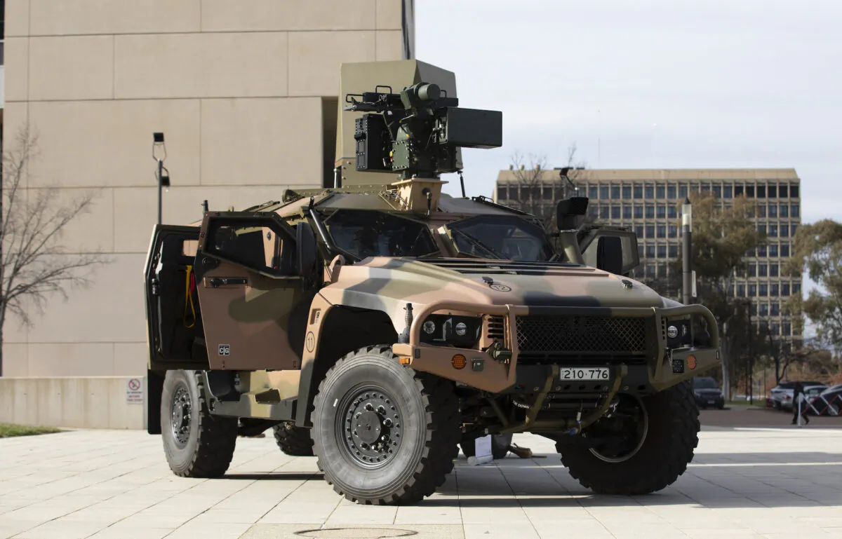 An Australian Army Hawkei Protected Mobility Vehicle with a mock-up of a CEA Technologies Tactical Radar and an Electro-Optic Systems RS400 Mk2 Remote Weapon System on display in Canberra, Australia on Sept. 2, 2020. (ADF)