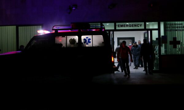 An ambulance is seen at the entrance of a hospital in Stepanakert