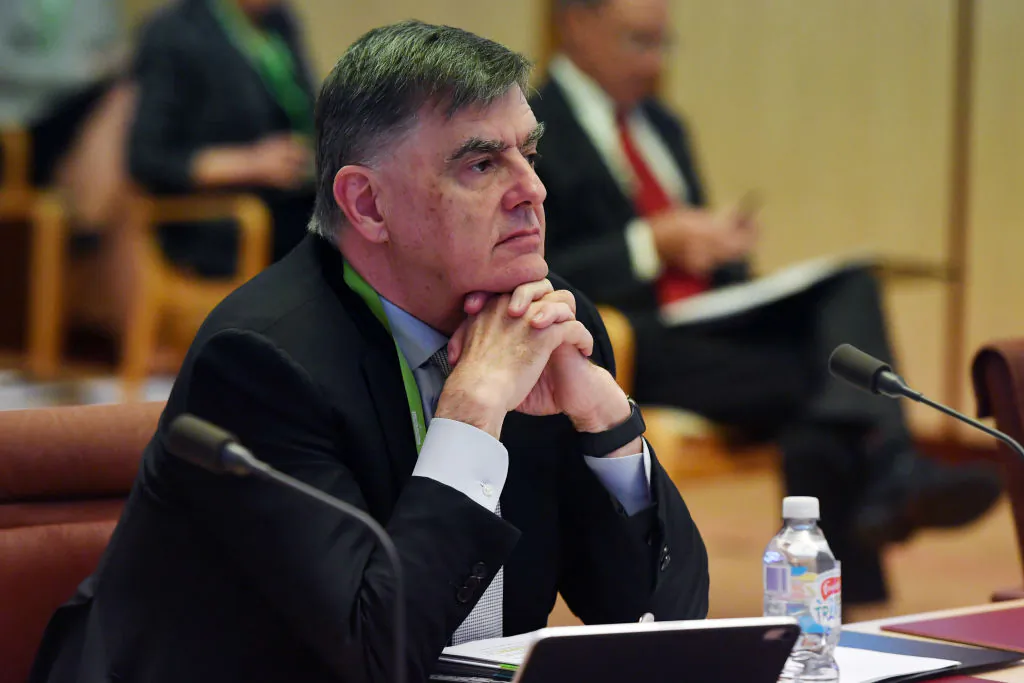 Then Chief Medical Officer Professor Brendan Murphy during the Senate select committee on COVID-19 public hearing at Parliament House on May 13, 2020 in Canberra, Australia. (Sam Mooy/Getty Images)