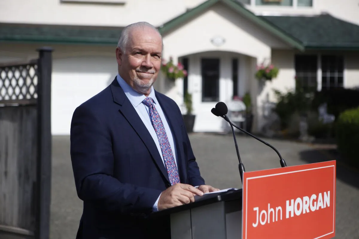 Premier John Horgan announces a fall election at a press conference in Langford, B.C., on Sept. 21, 2020. (The Canadian Press/Chad Hipolito)