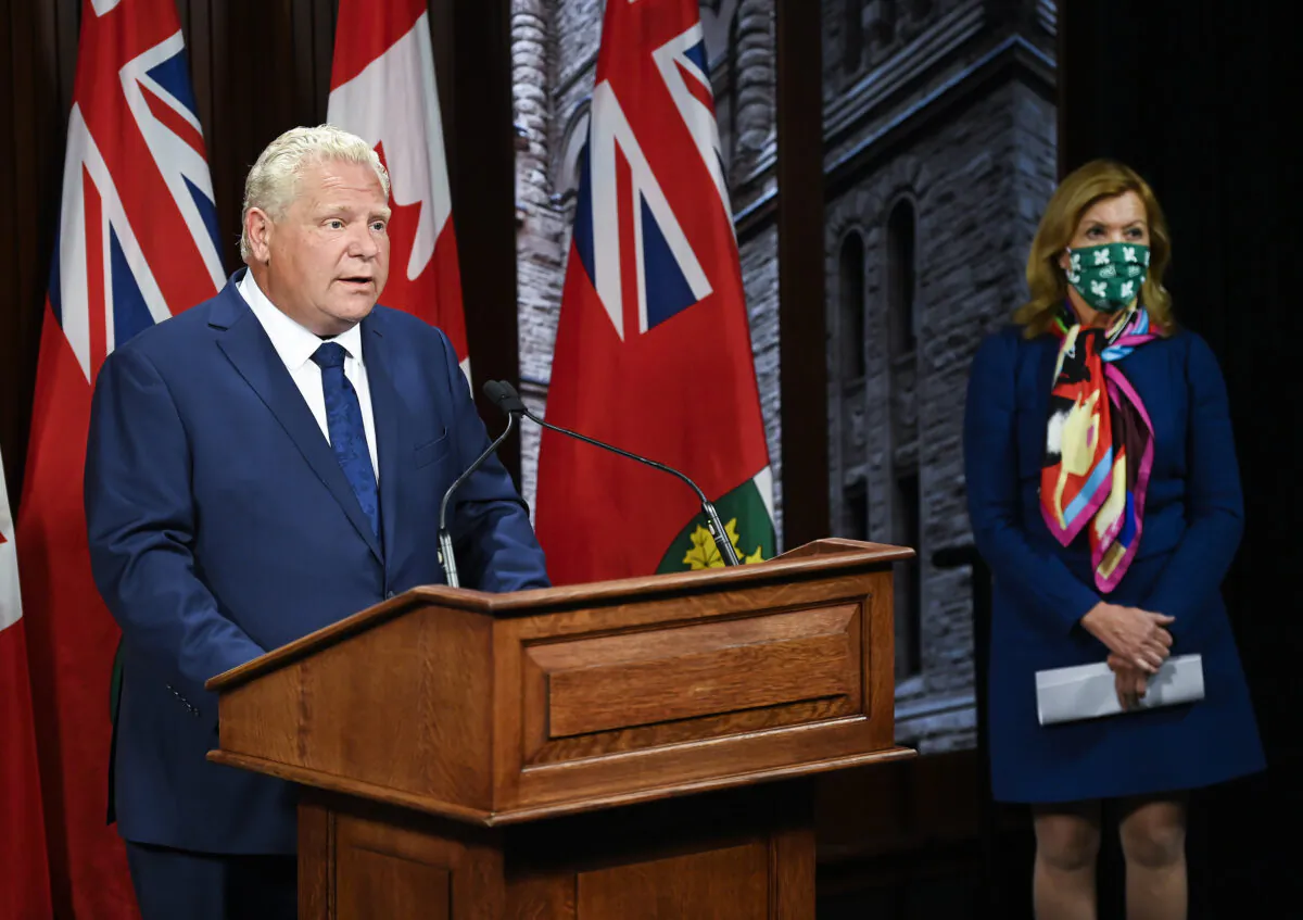Ontario Premier Doug Ford makes an announcement with Health Minister Christine Elliott during the COVID-19 pandemic in Toronto on Sept. 24, 2020. (Nathan Denette/The Canadian Press)