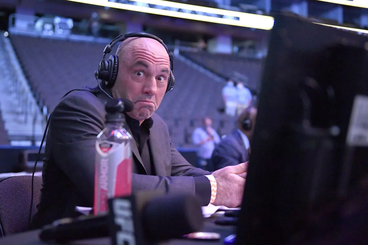 Announcer Joe Rogan, host of the Joe Rogan Experience, reacts during Ultimate Fighting Championship 249 at VyStar Veterans Memorial Arena in Jacksonville, Fla., on May 9, 2020. (Douglas P. DeFelice/Getty Images)