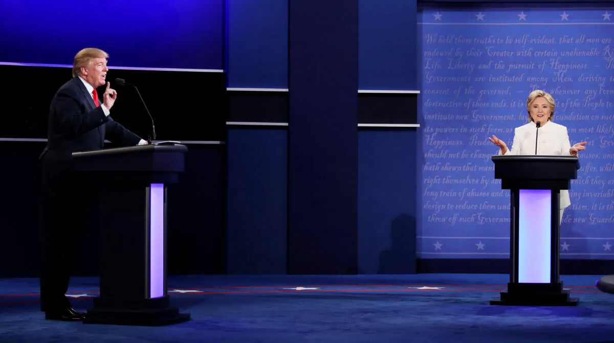 Democratic presidential nominee former Secretary of State Hillary Clinton (R) debates with Republican presidential nominee Donald Trump during the third U.S. presidential debate at the Thomas Mack Center in Las Vegas, Nev., on Oct. 19, 2016. (Drew Angerer/Getty Images)
