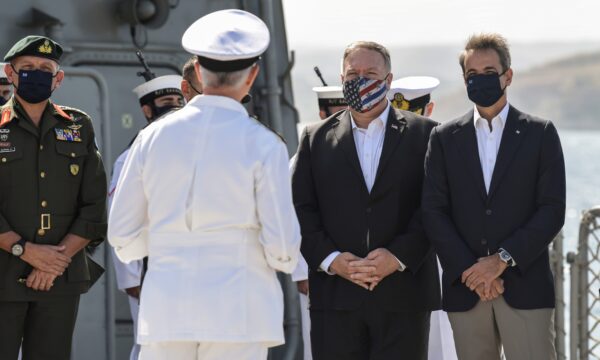 Mike Pompeo and Greek Prime Minister Kyriakos Mitsotakis visit the Greek frigate Salamis
