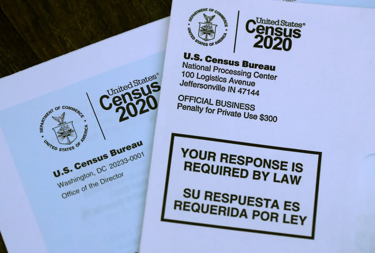 The U.S. Census logo appears on census materials received in the mail with an invitation to fill out census information online in San Anselmo, Calif., on March 19, 2020. (Justin Sullivan/Getty Images)