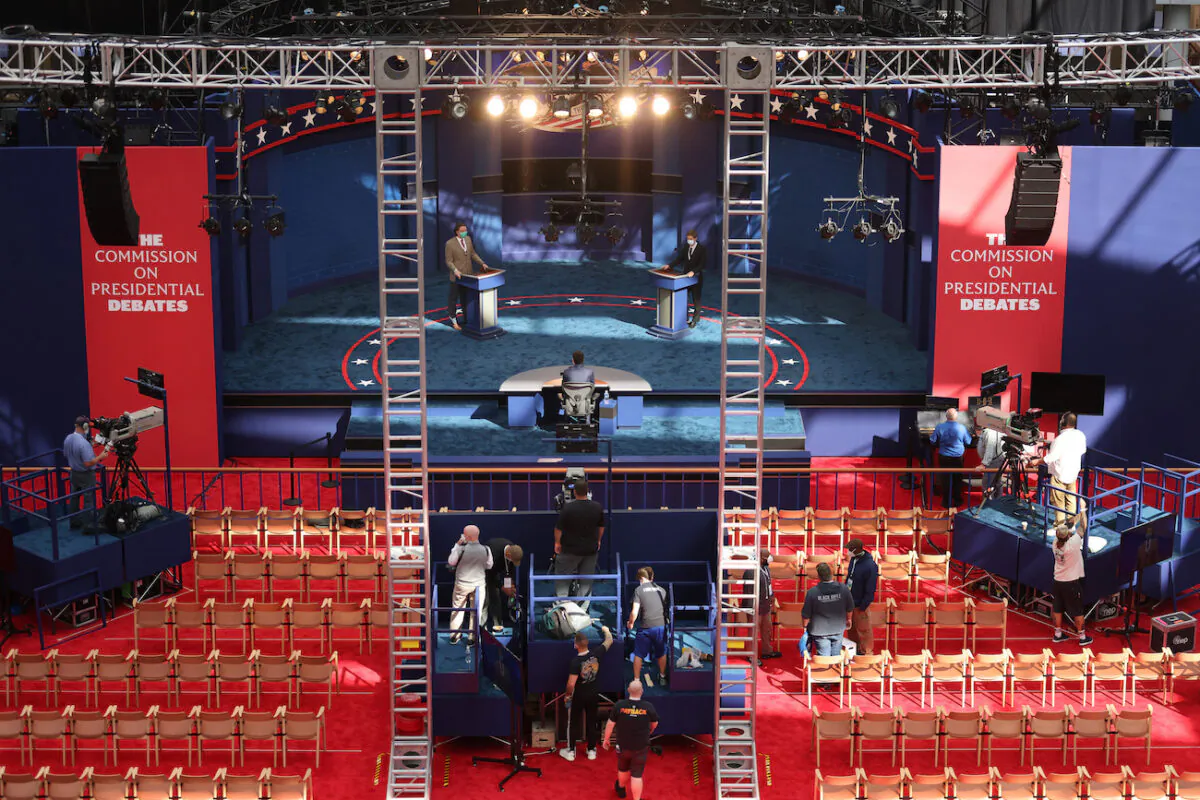 Students participate in a rehearsal for the first presidential debate at Case Western Reserve University and the Cleveland Clinic in Cleveland, Ohio, on Sept. 28, 2020. (Win McNamee/Getty Images)