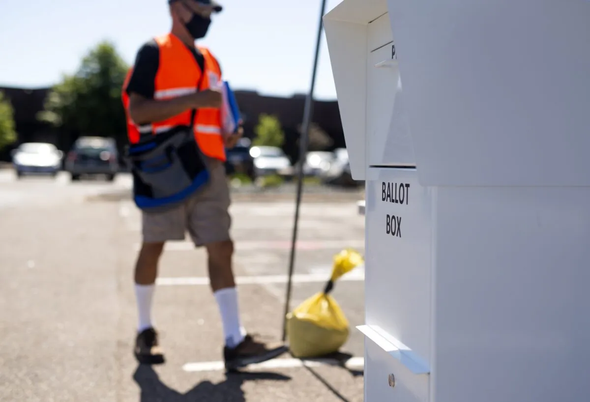 A ballot box stands at a drive through drop-off for absentee ballots in Minneapolis on Aug. 11, 2020. (Stephen Maturen/Getty Images)