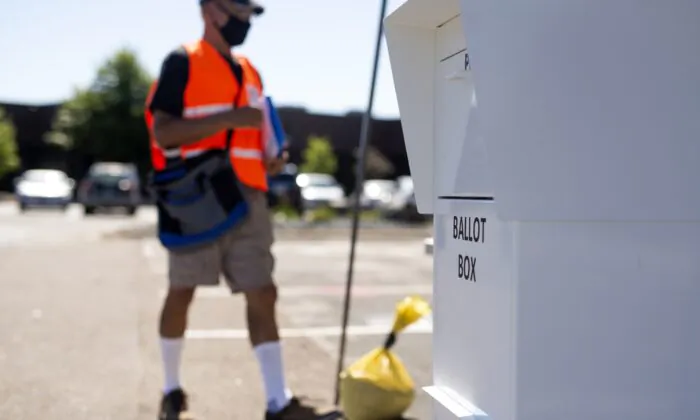 A ballot box stands at a drive through drop-off for absentee ballots in Minneapolis on Aug. 11, 2020. (Stephen Maturen/Getty Images)