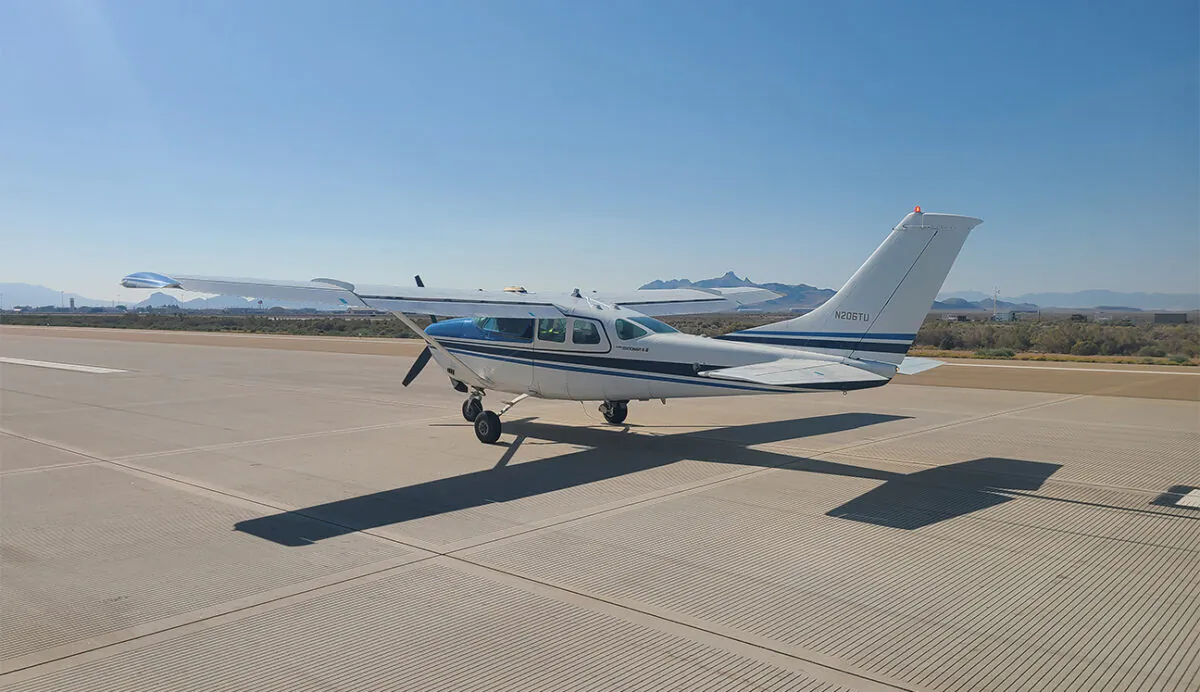 A Cessna 206 on the runway at Dugway Proving Ground, Utah, during a flight test of an unmanned air platform on Sept. 24, 2020. (Air Force/Courtesy)