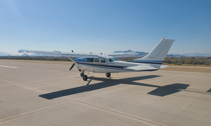 A Cessna 206 on the runway at Dugway Proving Ground, Utah,  during a flight test of an unmanned air platform on Sept. 24, 2020. (Air Force/Courtesy) 