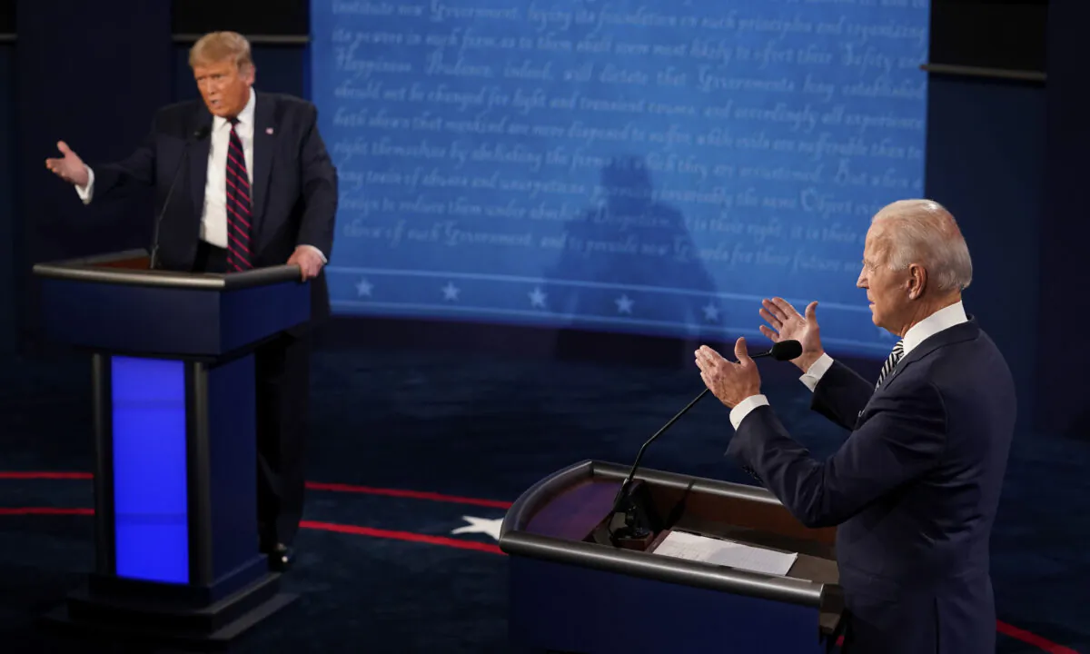 President Donald Trump and Democratic presidential candidate former Vice President Joe Biden exchange points during the first presidential debate at Case Western University and Cleveland Clinic, in Cleveland, Ohio, on Sept. 29, 2020. (Morry Gash/AP Photo, Pool)