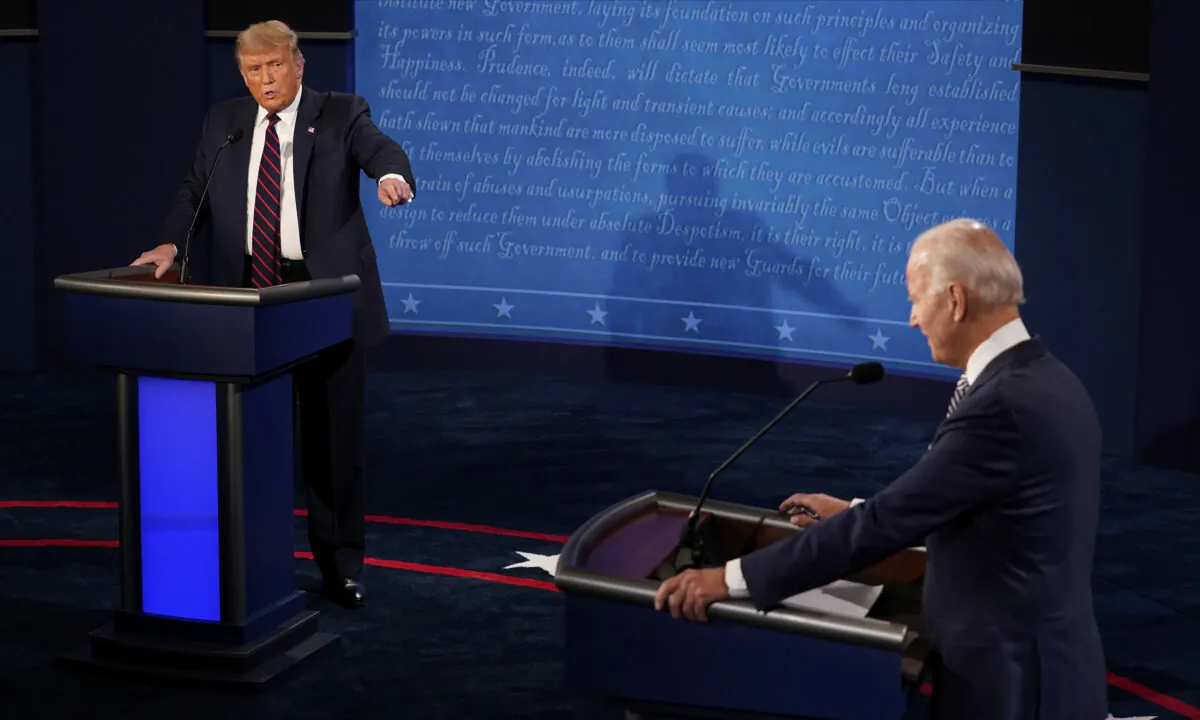 President Donald Trump and Democratic presidential candidate former Vice President Joe Biden exchange points during the first presidential debate at Case Western University and Cleveland Clinic, in Cleveland, Ohio on Sept. 29, 2020. (Morry Gash/AP Photo, Pool)
