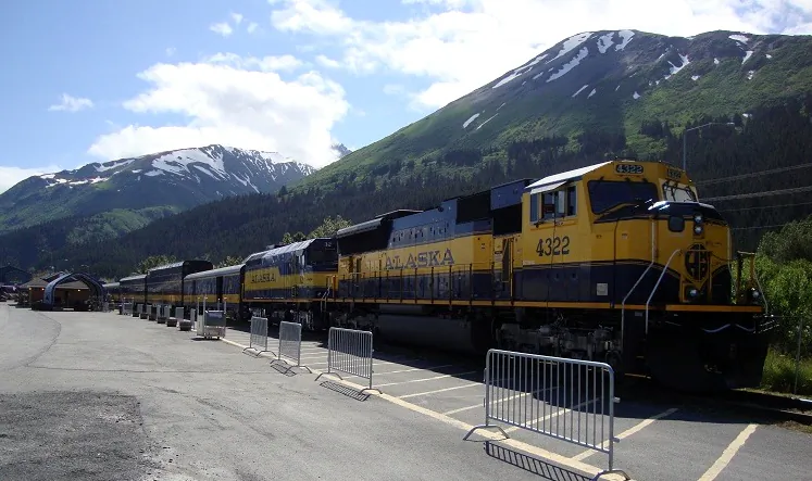 The Alaska Railroad passenger train idles at Seward, Alaska, in a file photo. When completed, the A2A Rail project will connect Alaska and Alberta and ship a variety of freight, and possibly passengers as well. (Public Domain)

