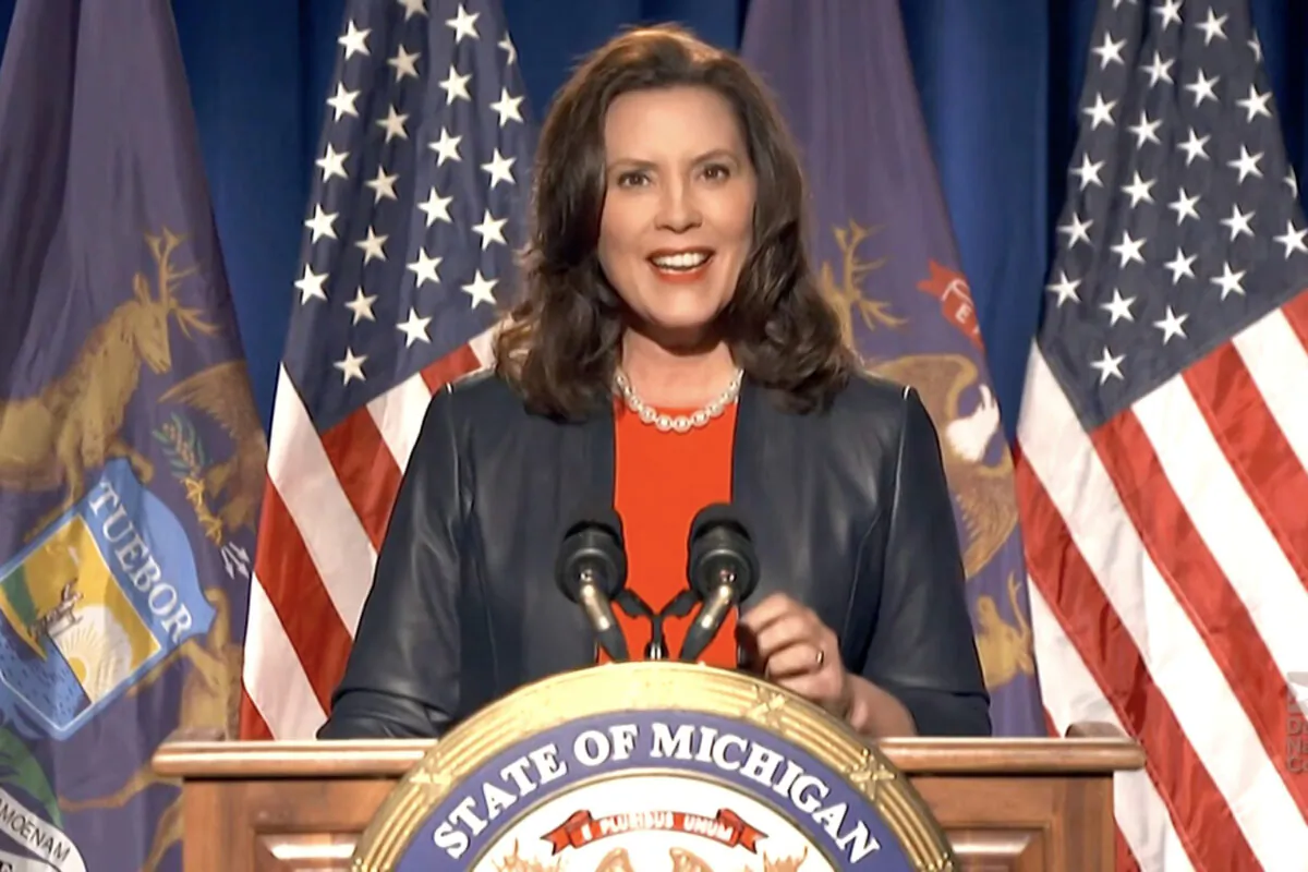 In this screenshot from the DNCC’s livestream of the 2020 Democratic National Convention, Michigan Gov. Gretchen Whitmer addresses the virtual convention on Aug. 17, 2020. (Handout/DNCC via Getty Images)