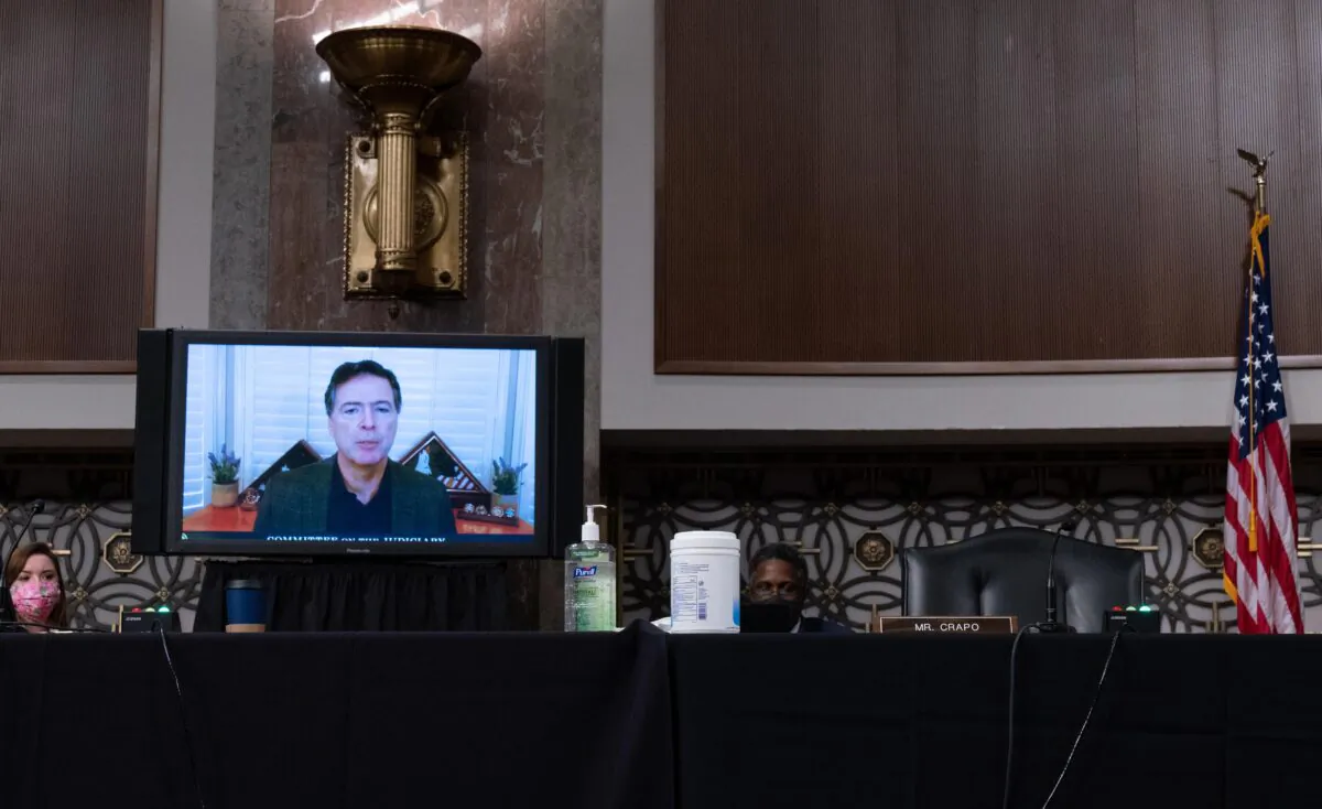 Former FBI Director James Comey appears via video remote at a hearing of the Senate Judiciary Committee in Washington on Sept. 30, 2020. (Ken Cedeno-Pool/Getty Images)