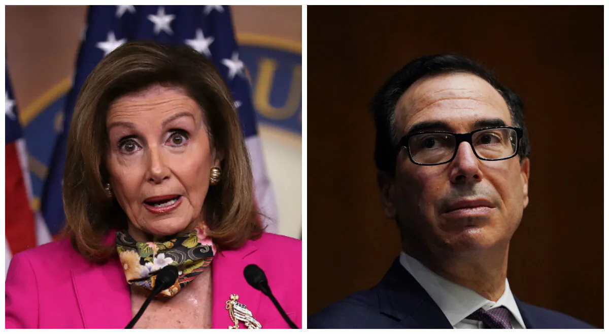 (L): House Speaker Nancy Pelosi (D-Calif.) in Washington on Sept. 18, 2020. (Chip Somodevilla/Getty Images); (R): Treasury Secretary Steven Mnuchin in Washington on Sept. 24, 2020. (Toni L. Sandys-Pool/Getty Images)