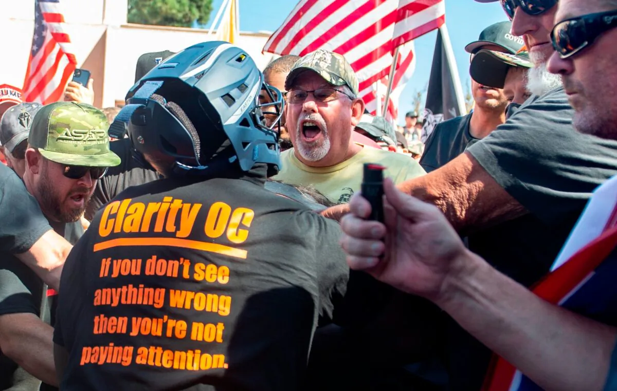 Black Lives Matter protesters and counter protesters clash in Yorba Linda, Calif., on Sept. 26, 2020. (Mindy Schauer/The Orange County Register via AP)