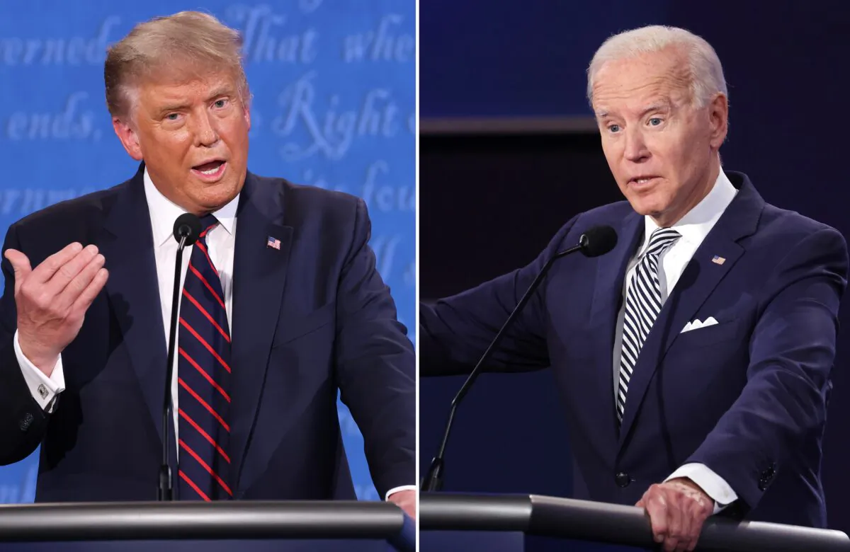 President Donald Trump and Democratic presidential nominee Joe Biden participate in the first presidential debate at the Health Education Campus of Case Western Reserve University in Cleveland, Ohio, on Sept. 29, 2020. (Win McNamee-Scott Olson/Getty Images)