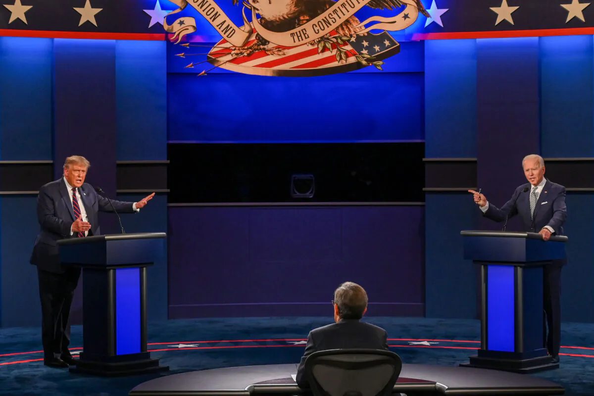 President Donald Trump (L) and Democratic presidential nominee Joe Biden debate at Case Western Reserve University and Cleveland Clinic in Cleveland, Ohio, on Sept. 29, 2020. (Jim Watson/AFP via Getty Images)