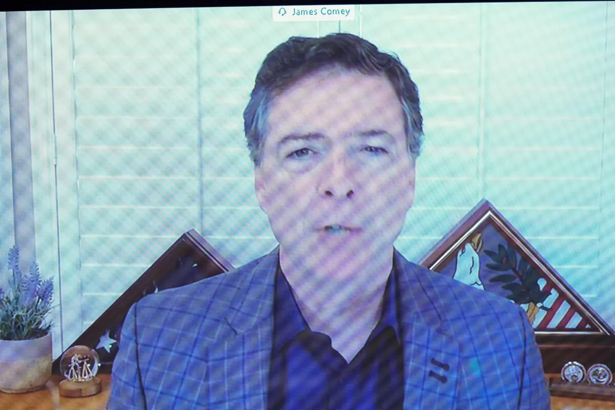 James Comey, former director of the FBI, testifies via videoconference during a Senate Judiciary Committee hearing in Washington on Sept. 30, 2020. (Stefani Reynolds/Pool/AFP via Getty Images)