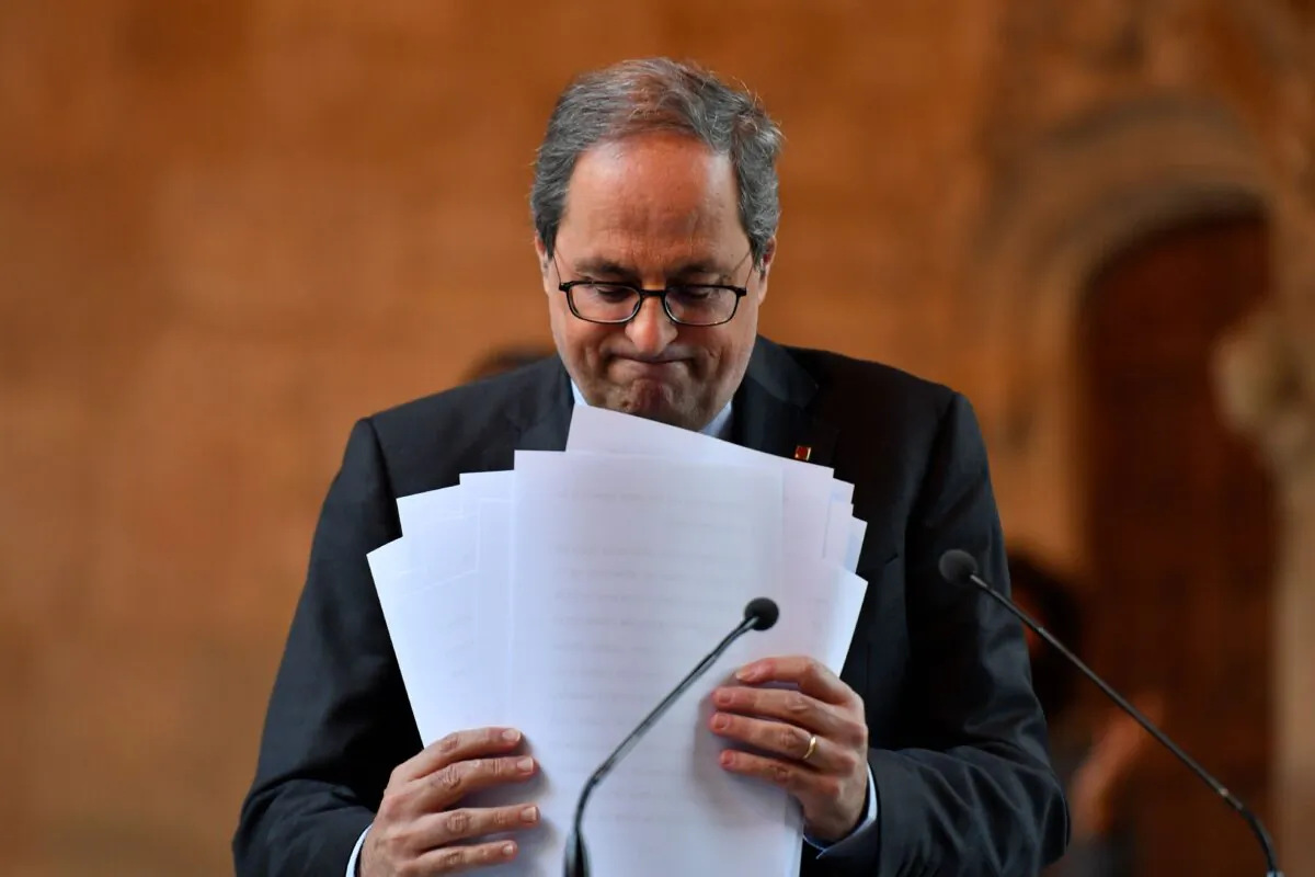 Catalan president Quim Torra gestures during a press conference at the Generalitat Palace in Barcelona on Sept. 28, 2020.(Pau BARRENA / AFP) (Photo by PAU BARRENA/AFP via Getty Images)